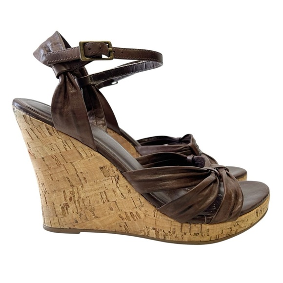 Aldo Brown Leather Wedge Sandals Cork Heel Ankle Strap Size 38 - Picture 1 of 16